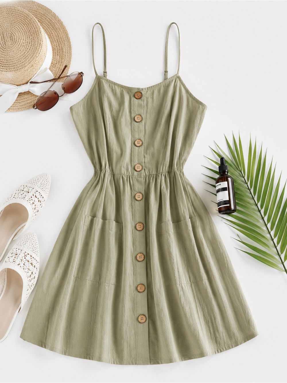 Button-Front Sage Green Spaghetti Strap Sundress